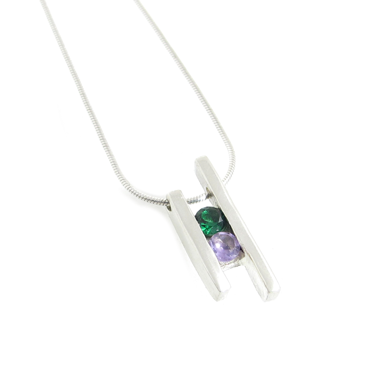 Channel Set Birthstone Pendant with Synthetic Emerald and Genuine Amethyst