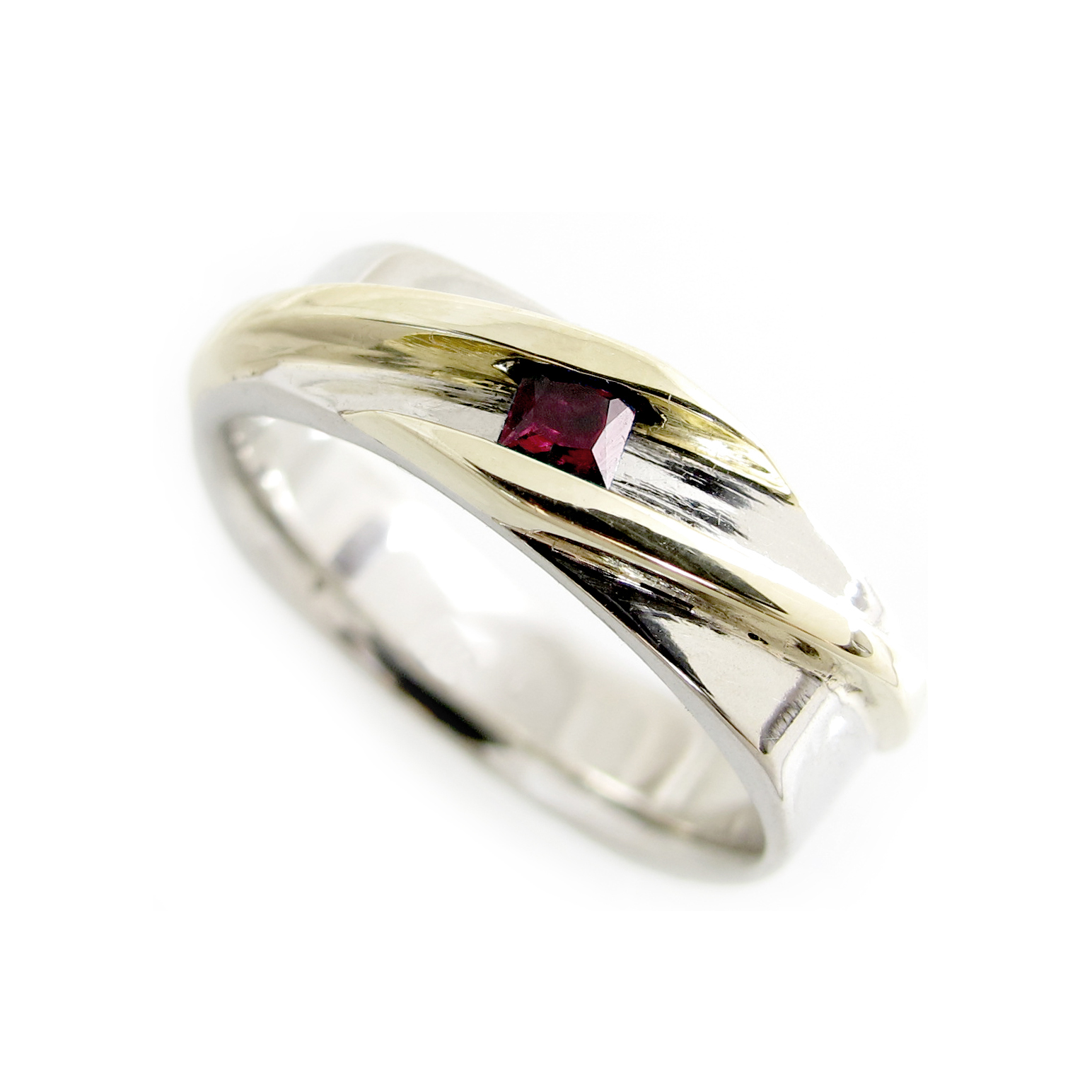 Modern Two Tone Gold Ring with Princess Cut Genuine Ruby